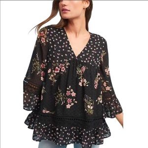 Anthropologie Maeve Steffy Bell Sleeve Black floral Blouse Top